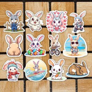 Rabbit Sticker Pack of 12 Vinyl Stickers - Waterproof Die Cut Bunny Sticker Set